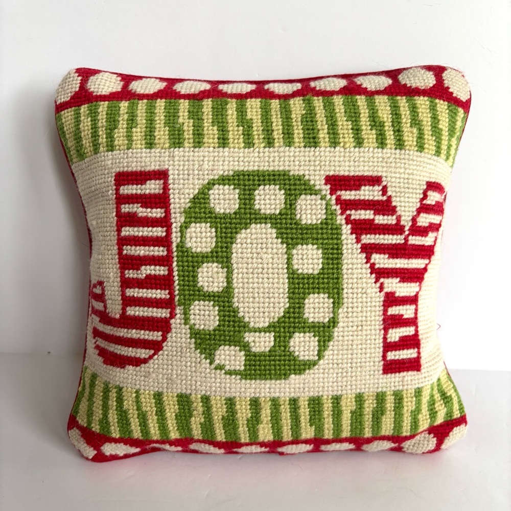Peking Handicraft Needlepoint Pillow Joy Christmas Velvet Back Red Green Square